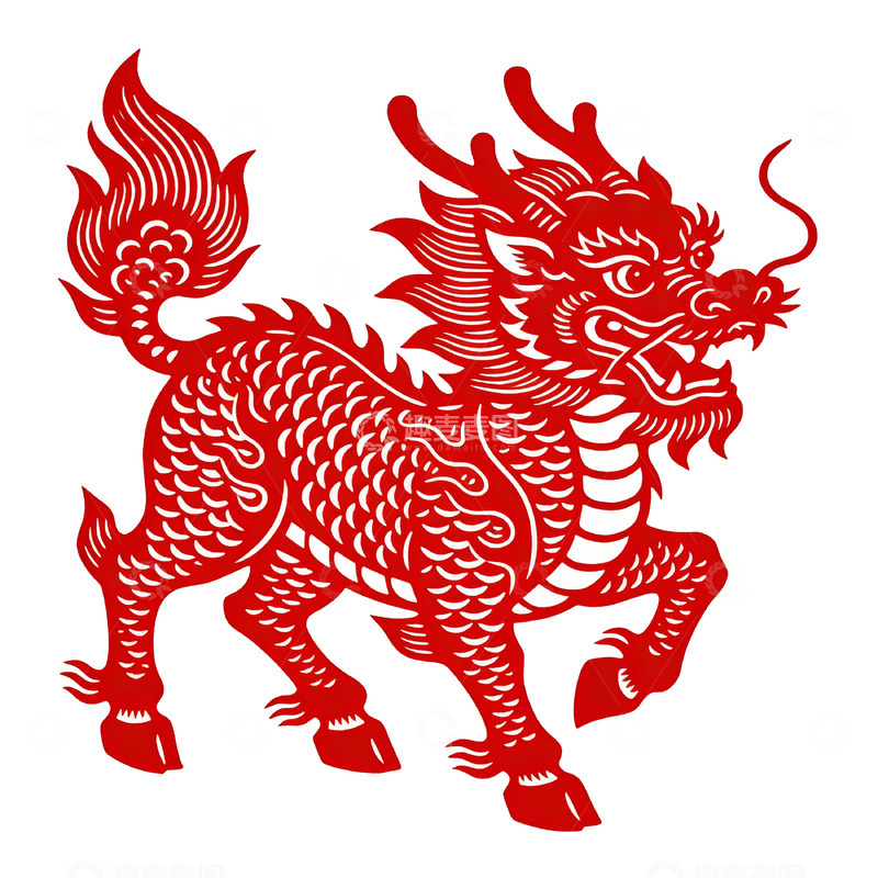 高清大图下载【趣麦麦图】中国红剪纸麒麟传统图案