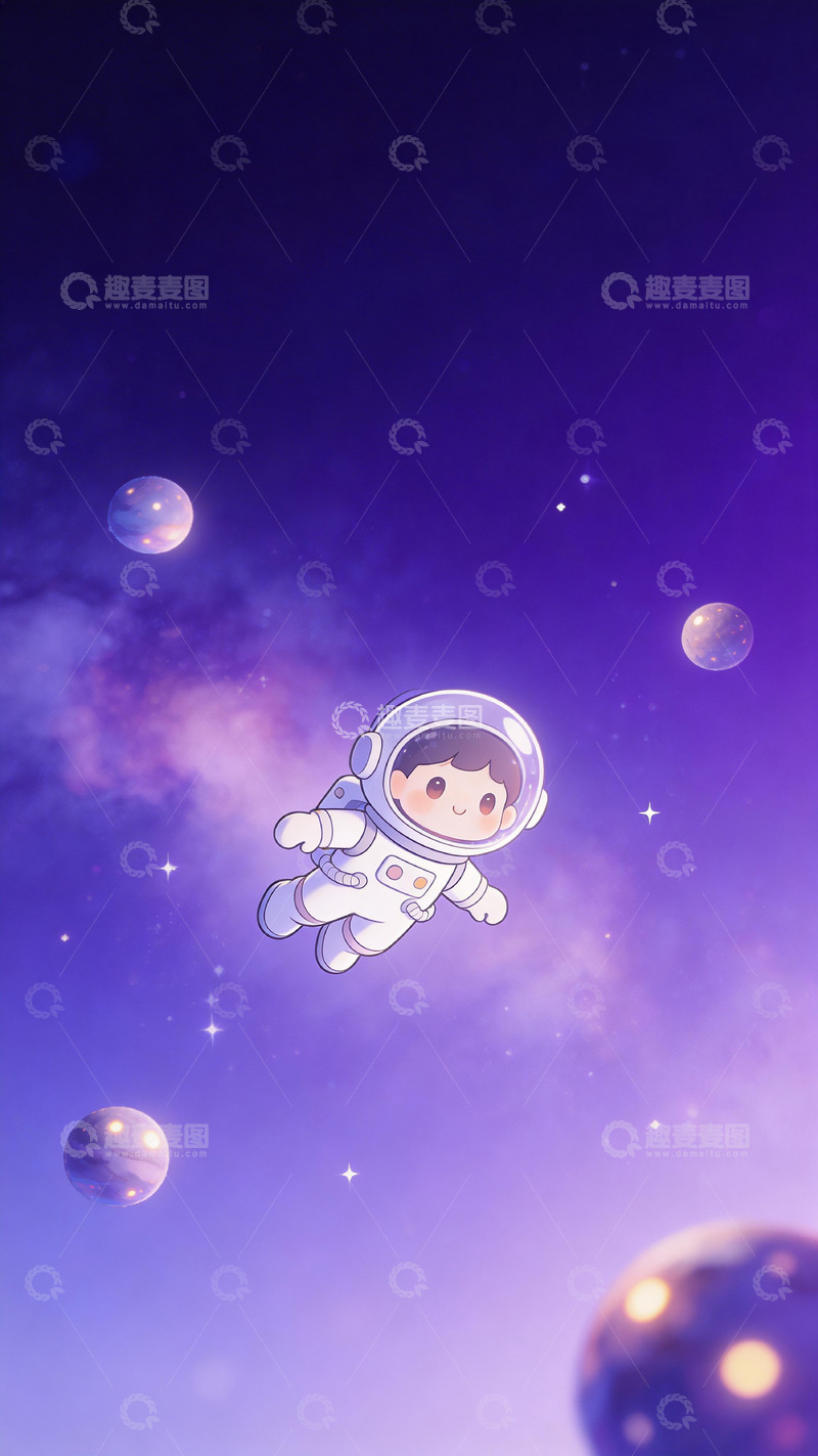 高清大图下载【趣麦麦图】卡通宇航员星空漫游插画