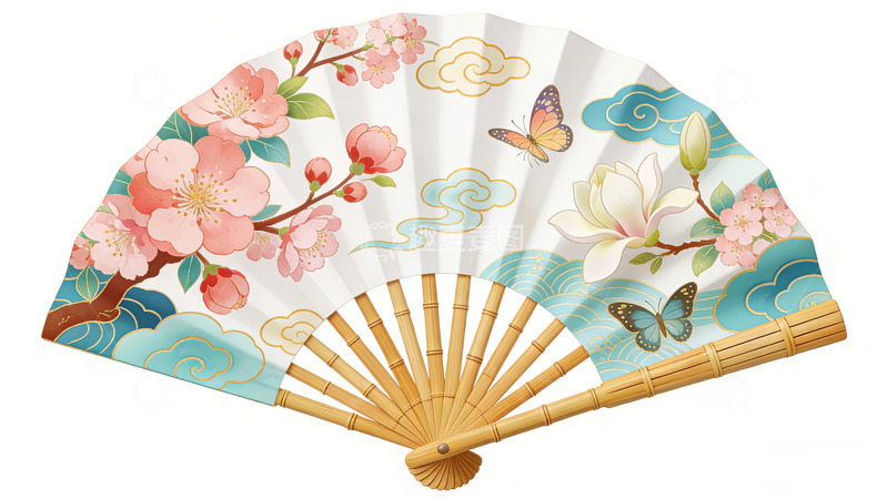 高清大图下载【趣麦麦图】文创产品传统中国风折扇花卉蝴蝶图案