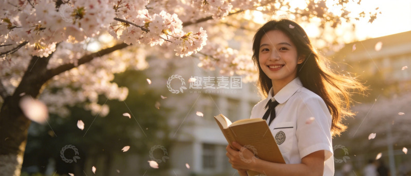 高清大图下载【趣麦麦图】校园樱花下少女读书写真