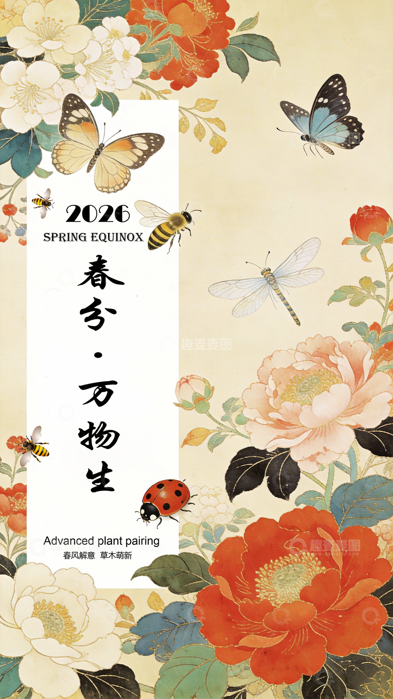 源文件下载【趣麦麦图】春日花卉蝴蝶蜻蜓设计图