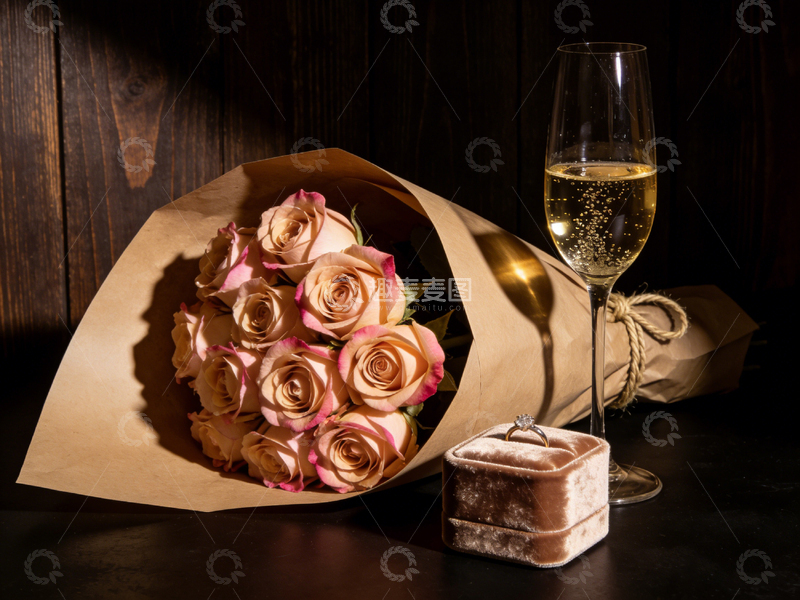 高清大图下载【趣麦麦图】浪漫情人节玫瑰花香槟甜点