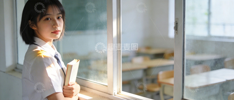高清大图下载【趣麦麦图】校园窗前女学生读书图