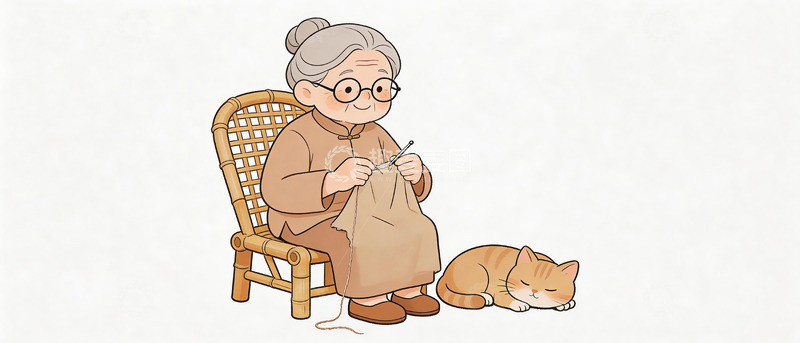 高清大图下载【趣麦麦图】卡通奶奶缝衣物橘猫陪伴