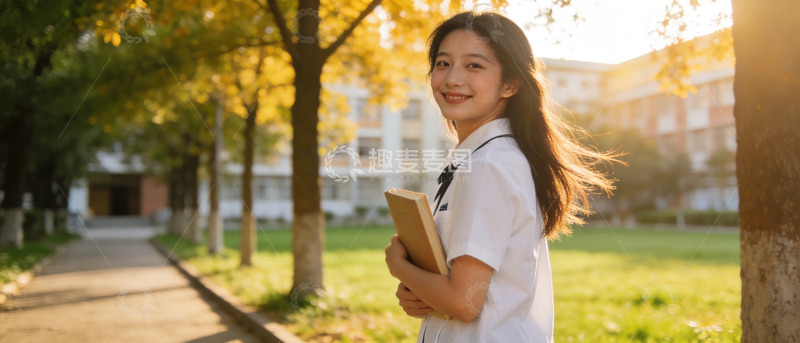 高清大图下载【趣麦麦图】校园秋景少女读书图