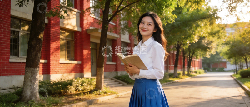 高清大图下载【趣麦麦图】校园书香美女白衬衫蓝裙阅读