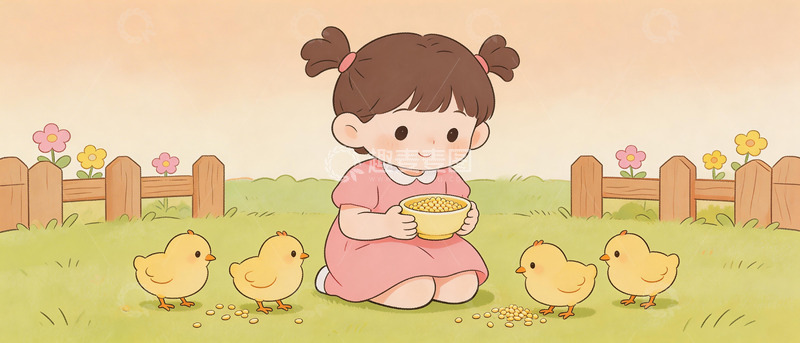 高清大图下载【趣麦麦图】卡通小女孩喂小鸡插画