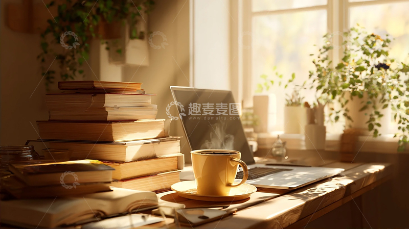 高清大图下载【趣麦麦图】静谧阳光下的书香桌面