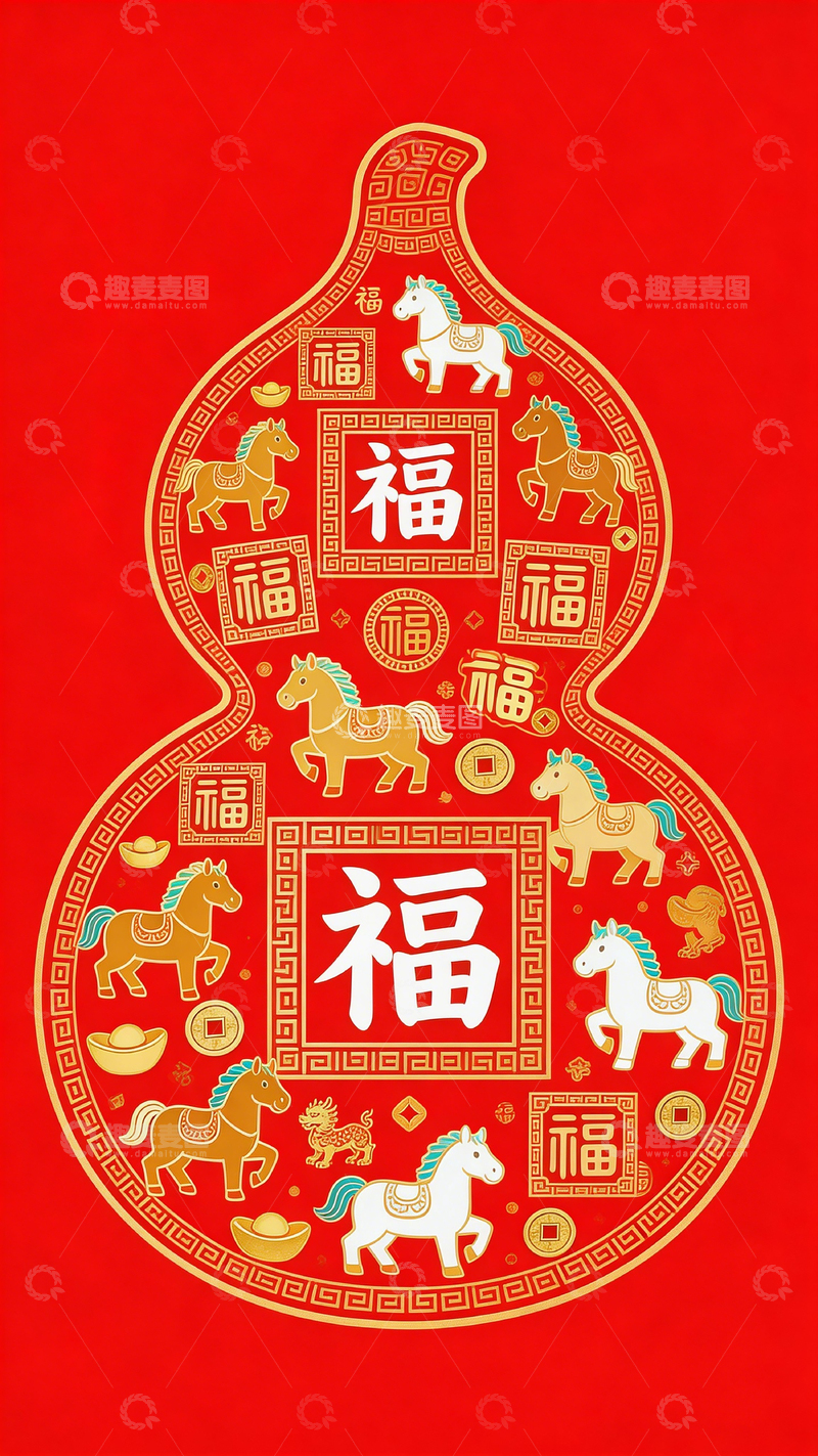 高清大图下载【趣麦麦图】葫芦图形福字马年装饰画