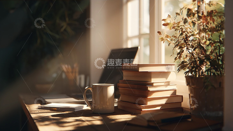 高清大图下载【趣麦麦图】温暖午后书香与绿意交织