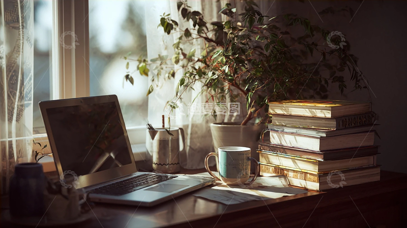 高清大图下载【趣麦麦图】午后阳光照耀的静谧书房