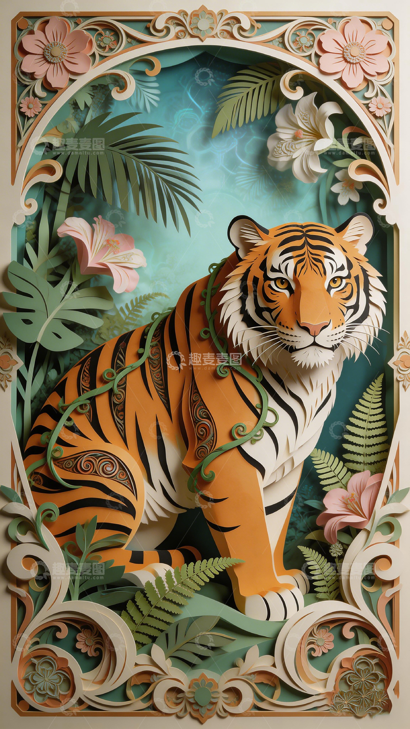 高清大图下载【趣麦麦图】艺术剪纸虎狮丛林风景