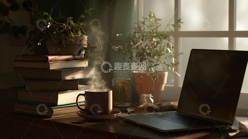 高清大图下载【趣麦麦图】静谧书房的晨光与咖啡