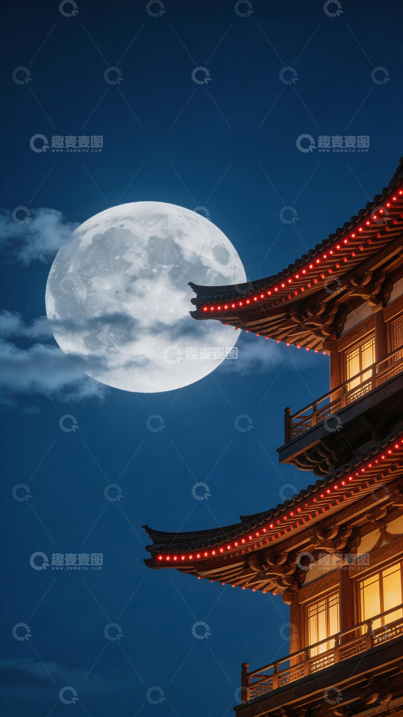 高清大图下载【趣麦麦图】古典建筑与满月夜景