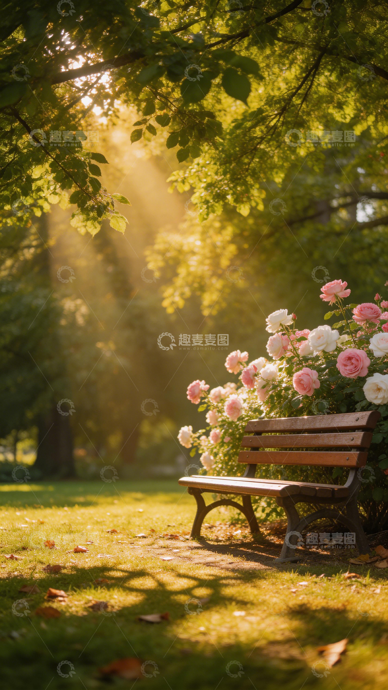 高清大图下载【趣麦麦图】阳光花园长凳鲜花美景