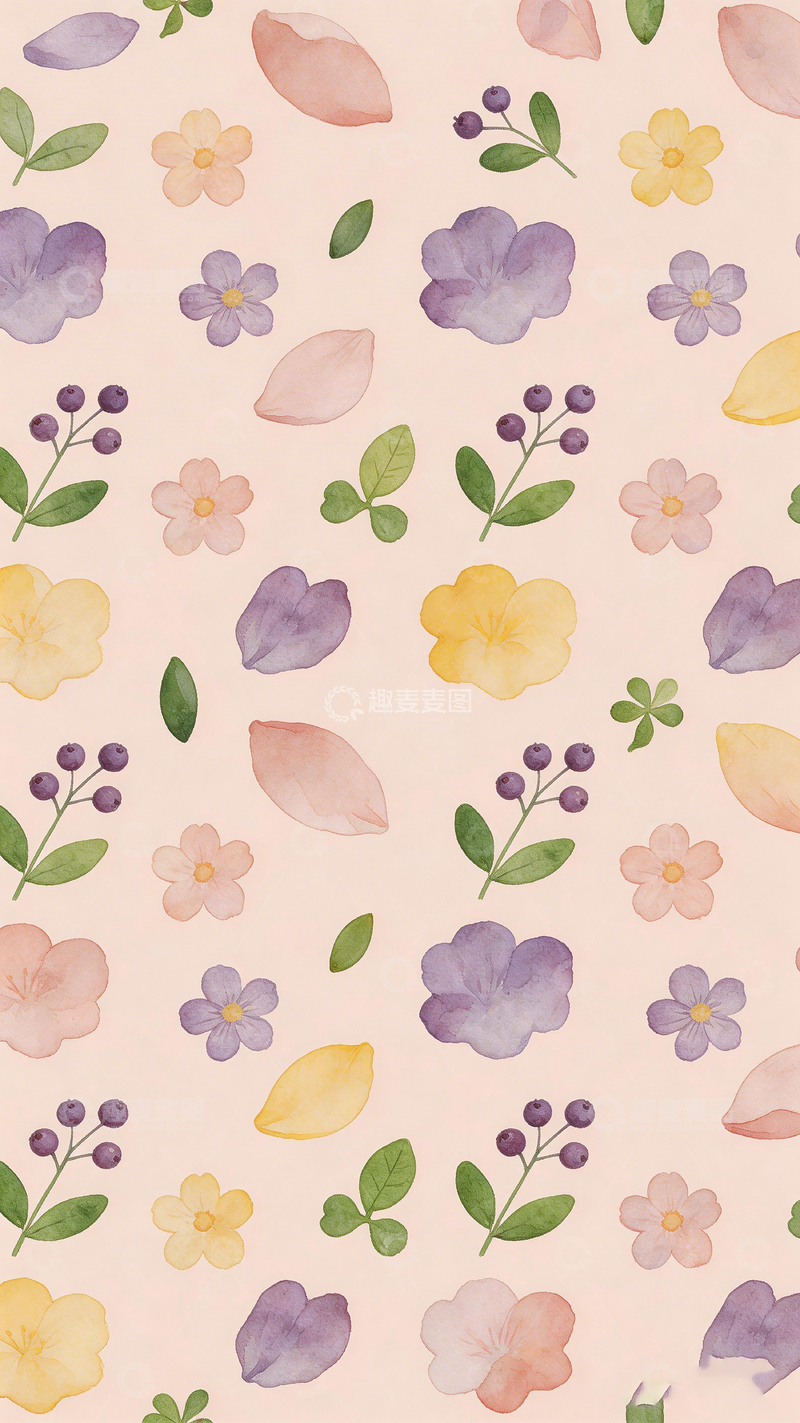 高清大图下载【趣麦麦图】温柔水彩花卉图案壁纸