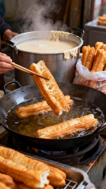 传统早餐油炸油条制作过程