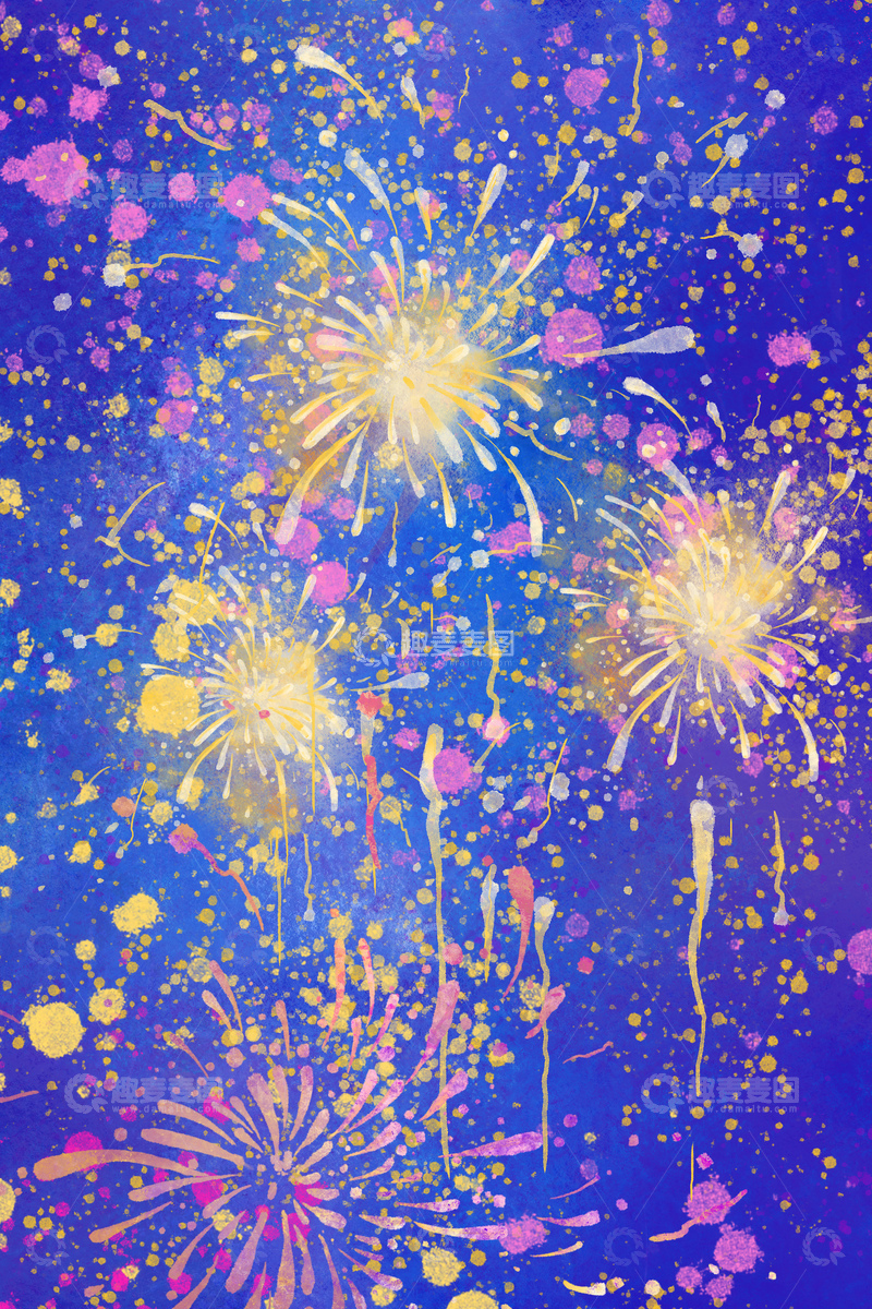 源文件下载【趣麦麦图】绚丽烟花节日庆典水彩画