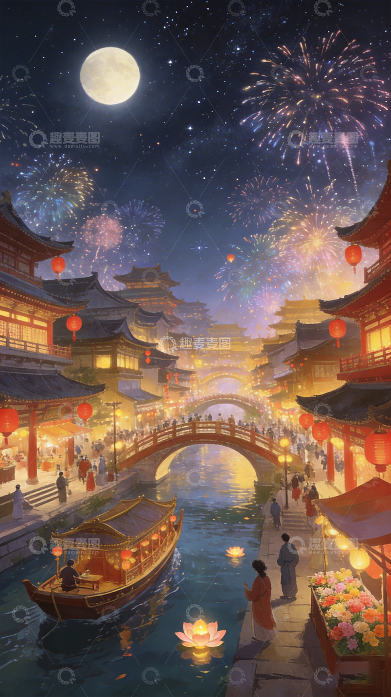高清大图下载【趣麦麦图】古风节日庆典夜景插画