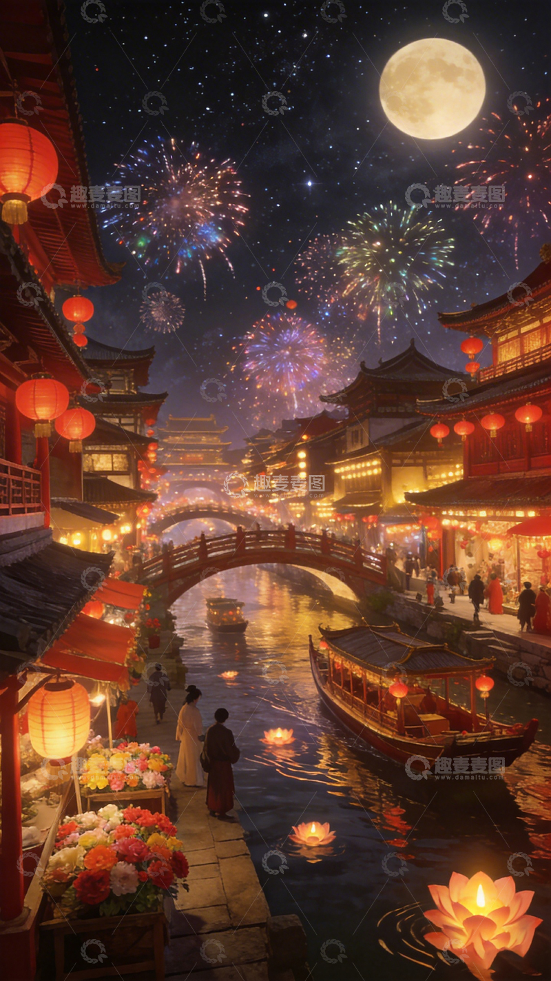 高清大图下载【趣麦麦图】古风节日夜景灯笼烟花