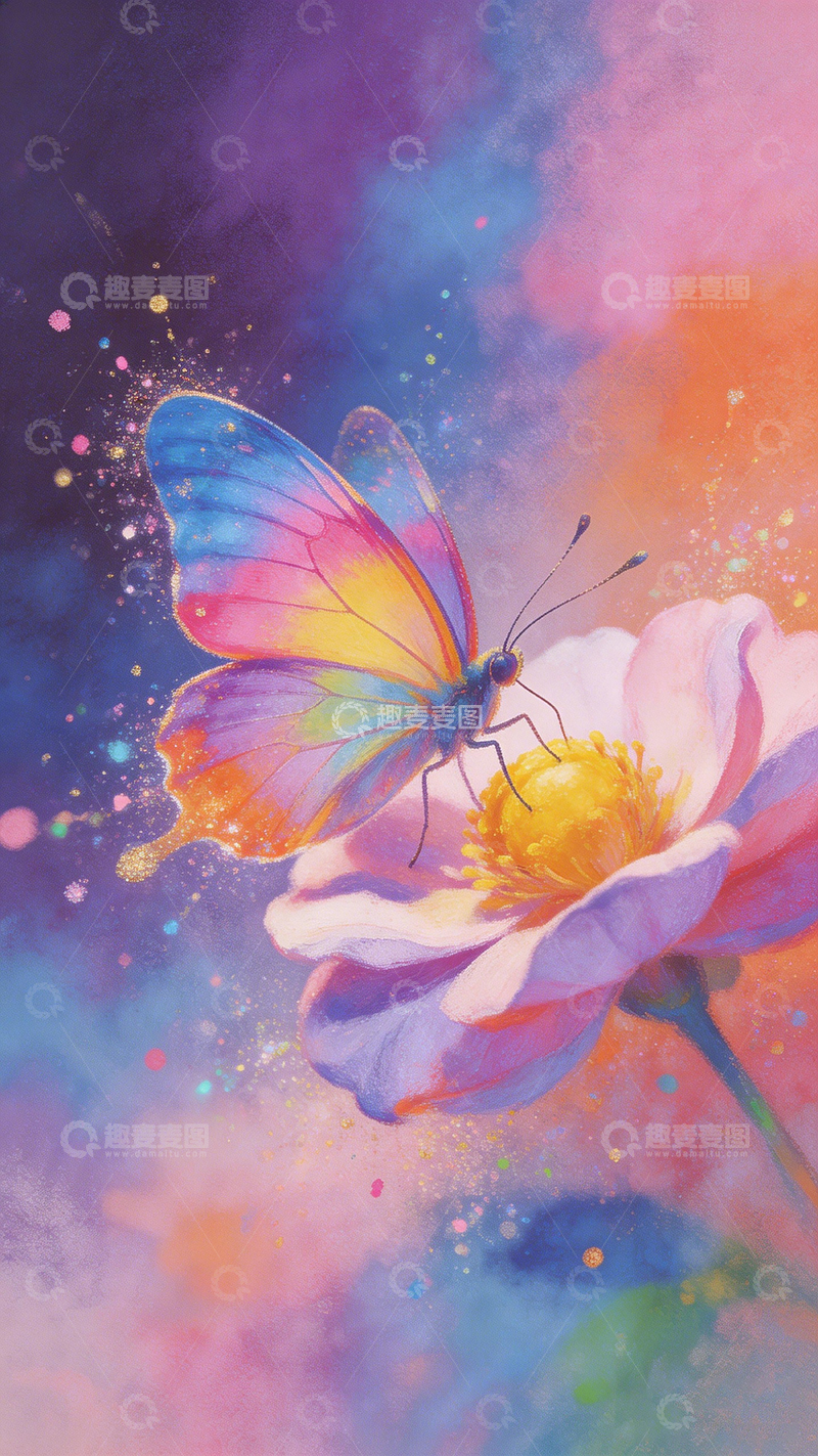 高清大图下载【趣麦麦图】彩绘蝴蝶与花朵艺术插画