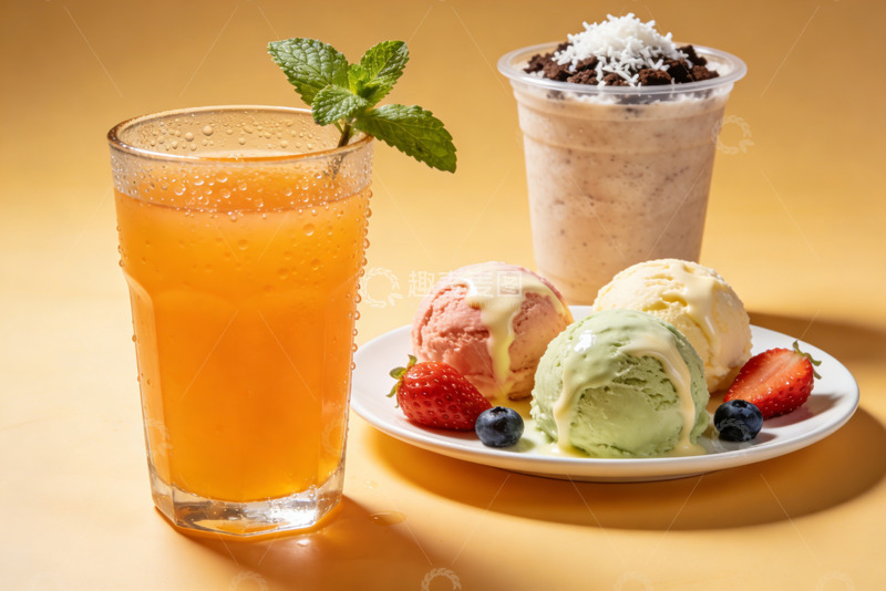 高清大图下载【趣麦麦图】鲜榨果饮配三色冰淇淋的夏日下午茶