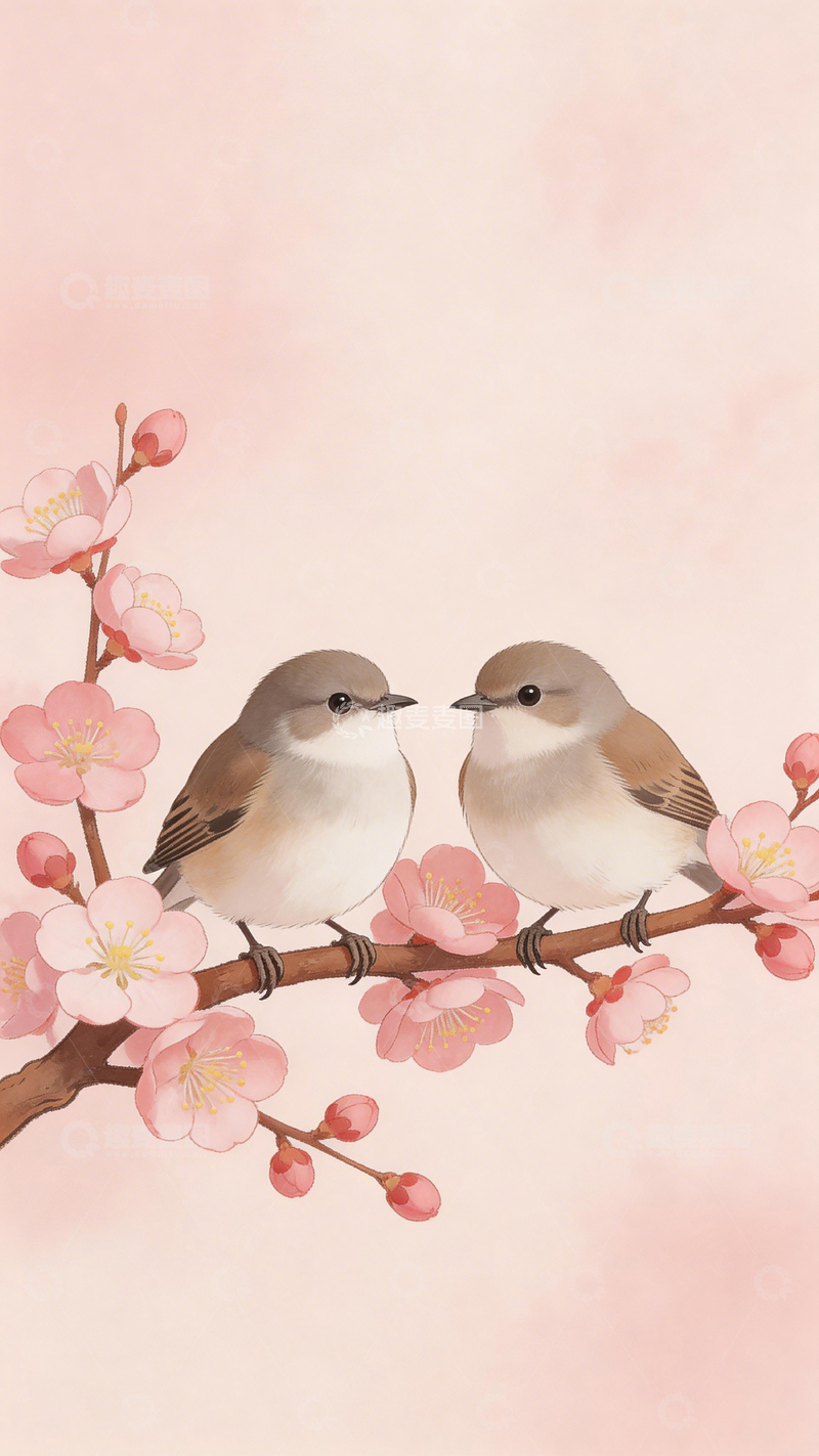 高清大图下载【趣麦麦图】樱花枝头小鸟插画