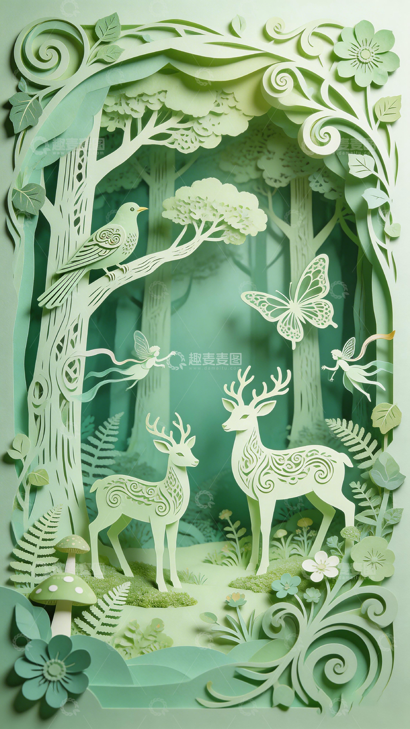 高清大图下载【趣麦麦图】纸艺森林动物风景画