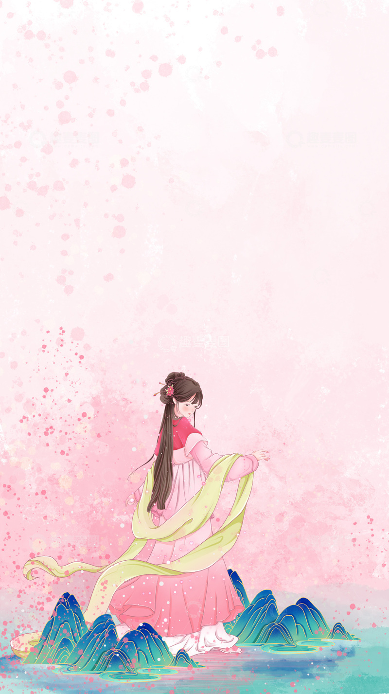 源文件下载【趣麦麦图】-古风唯美仙女山水画意境插画