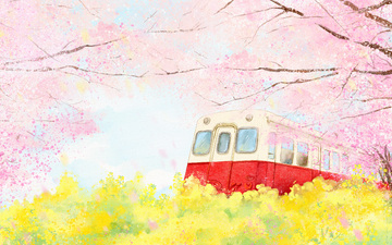 樱花列车春日风景插画