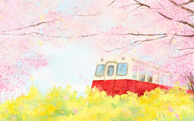 源文件下载【趣麦麦图】樱花列车春日风景插画