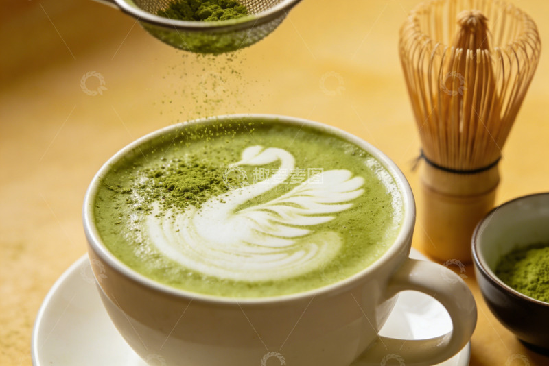 高清大图下载【趣麦麦图】暖黄背景天鹅拉花抹茶拿铁