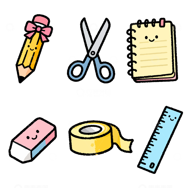 源文件下载【趣麦麦图】手绘文具套装简笔画元素