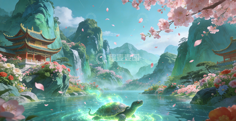 高清大图下载【趣麦麦图】古风山水龟仙场景插画装饰画