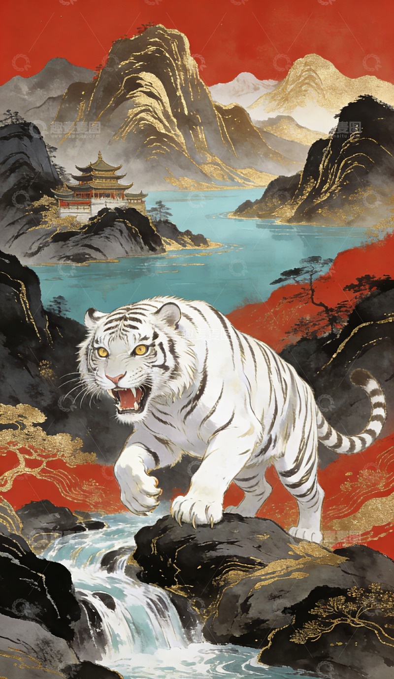 高清大图下载【趣麦麦图】白虎山水画东方艺术画作装饰画