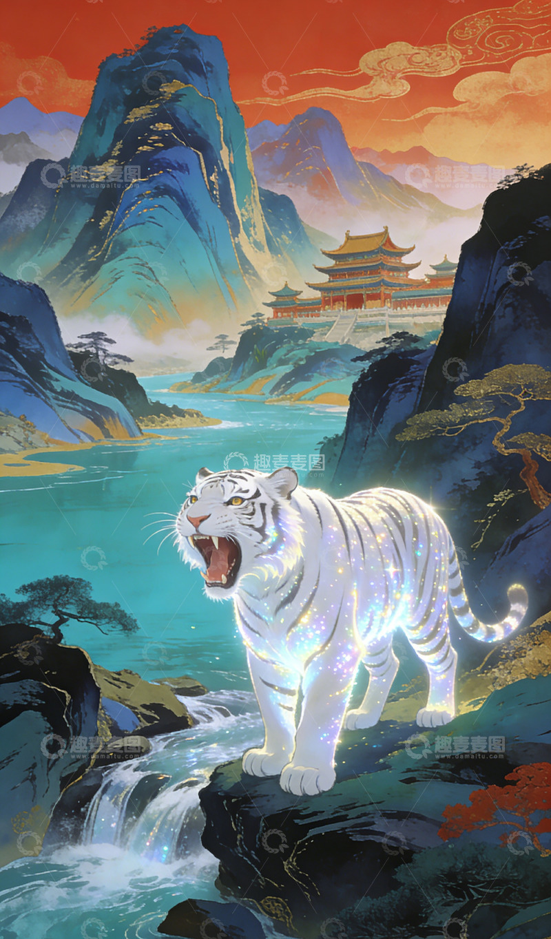 高清大图下载【趣麦麦图】白虎山水古风幻想插画装饰画