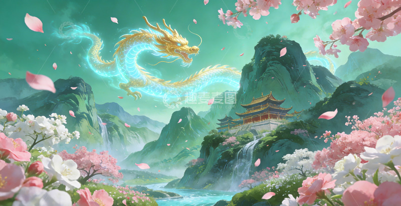 高清大图下载【趣麦麦图】东方神话山水龙景插画装饰画
