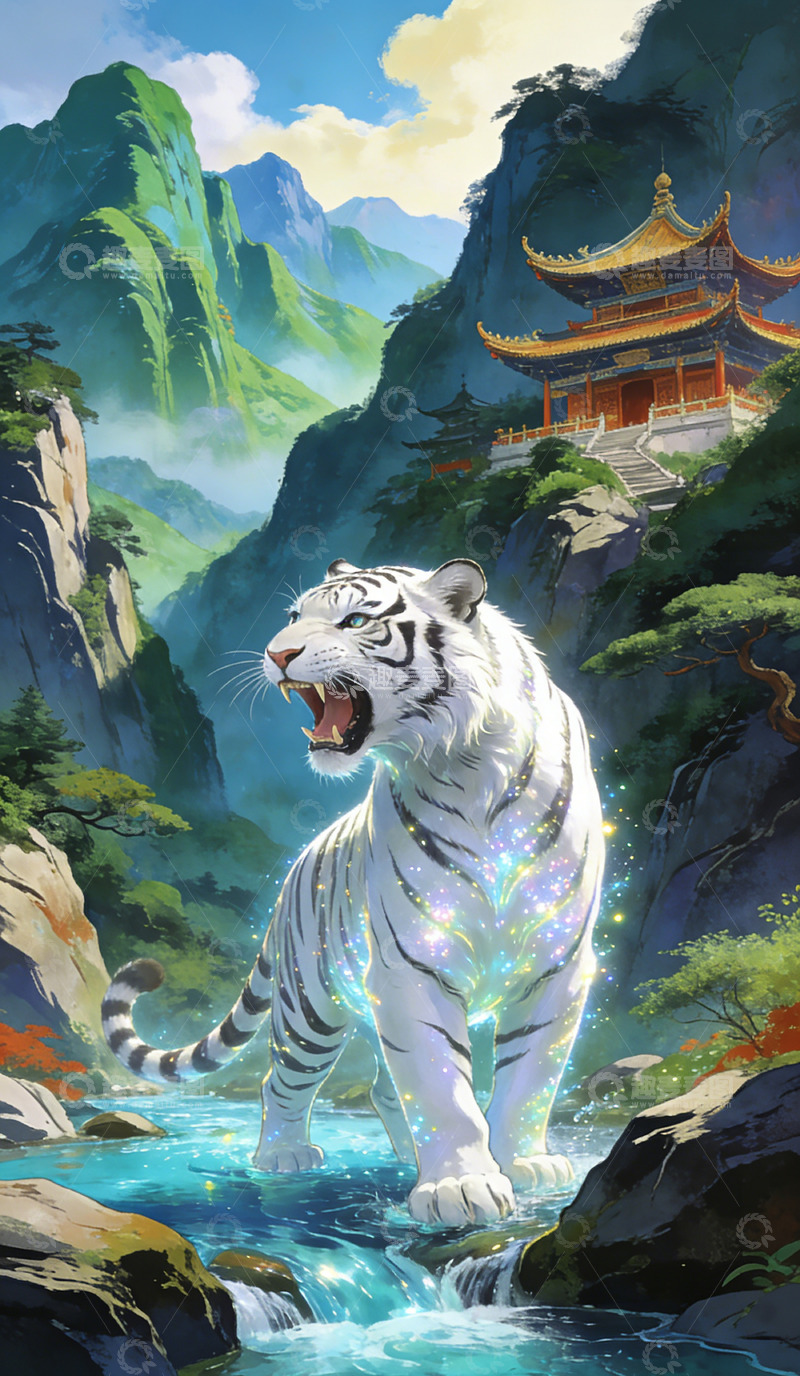 高清大图下载【趣麦麦图】白虎咆哮山林装饰画