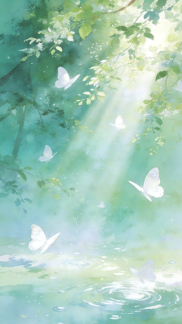 绿色春天清新水彩风森林溪流阳光蝴蝶背景