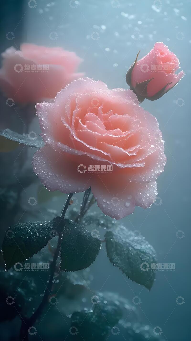 高清大图下载【趣麦麦图】雾中玫瑰绽放美景花卉装饰背景素材