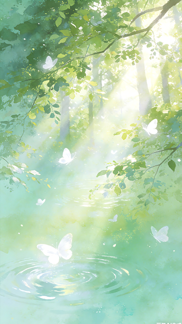绿色春日清新水彩风森林溪流阳光蝴蝶背景