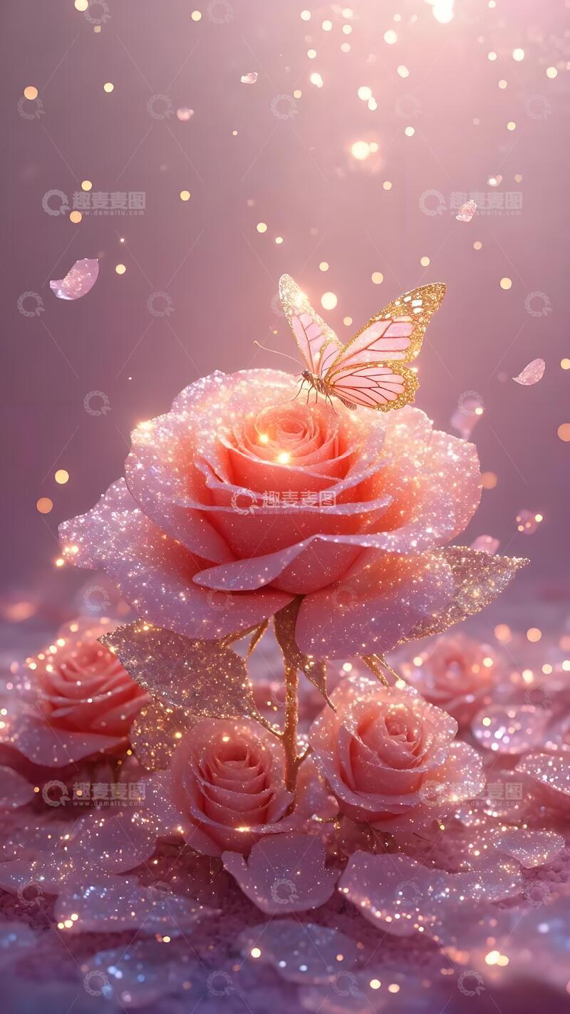 高清大图下载【趣麦麦图】梦幻玫瑰蝴蝶星光壁纸花卉装饰背景