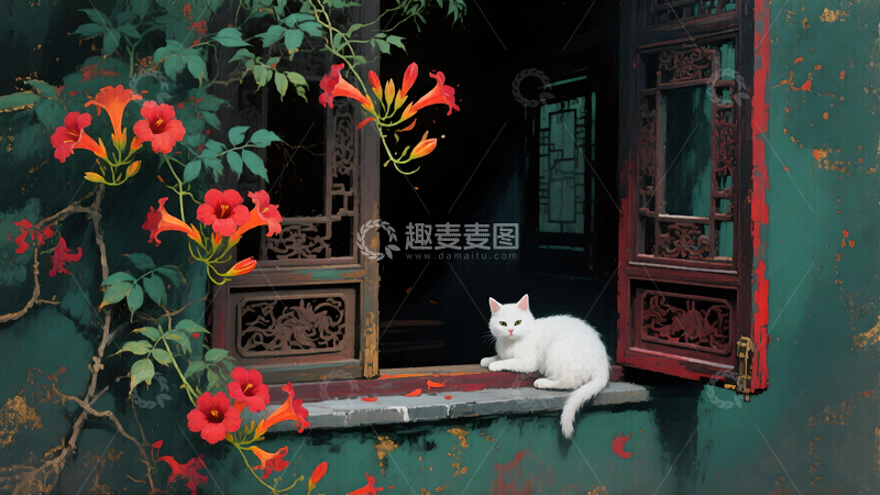 高清大图下载【趣麦麦图】-古典风白猫窗台风景插画