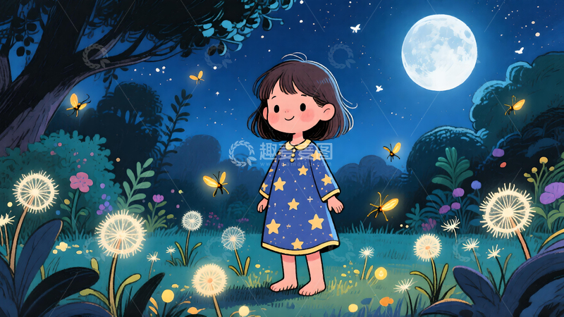 高清大图下载【趣麦麦图】卡通风夜晚花园唯美梦幻女孩插画