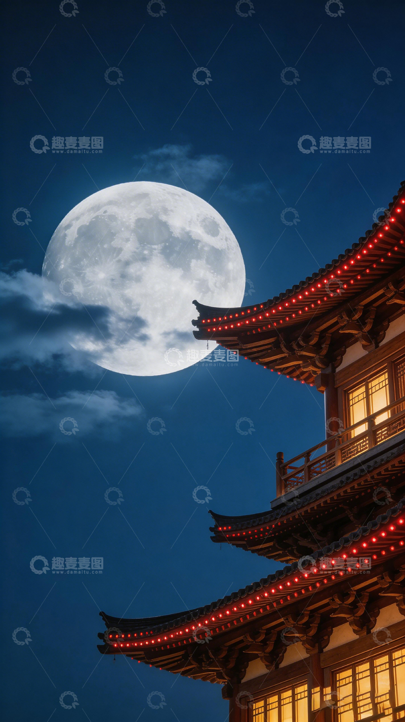 高清大图下载【趣麦麦图】古典建筑与明月夜景