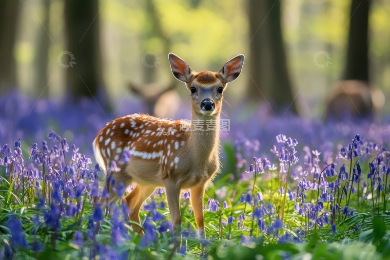 高清大图下载【趣麦麦图】紫色花丛中的可爱小梅花鹿