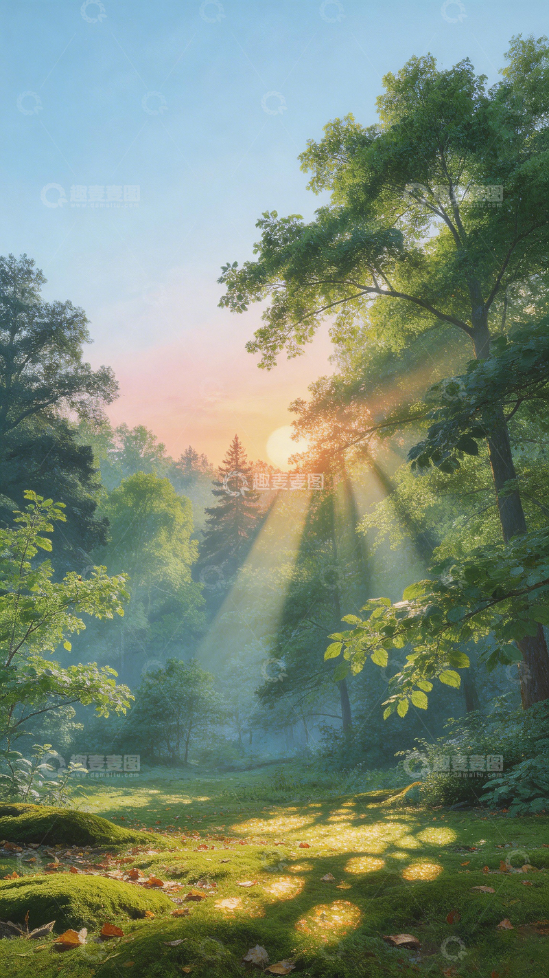高清大图下载【趣麦麦图】晨光照耀森林美景