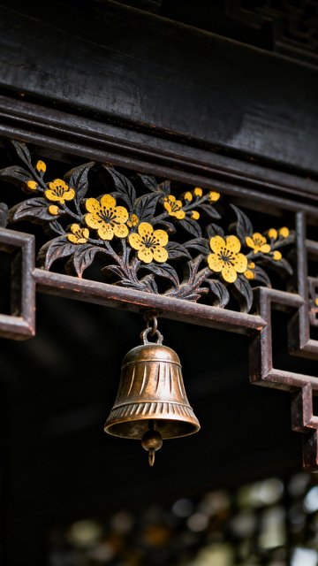 传统木雕花卉铜铃装饰