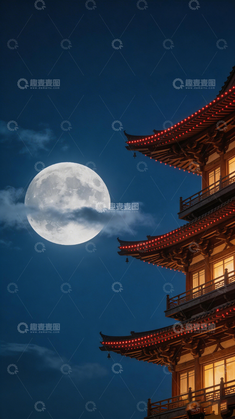高清大图下载【趣麦麦图】月照古楼夜景