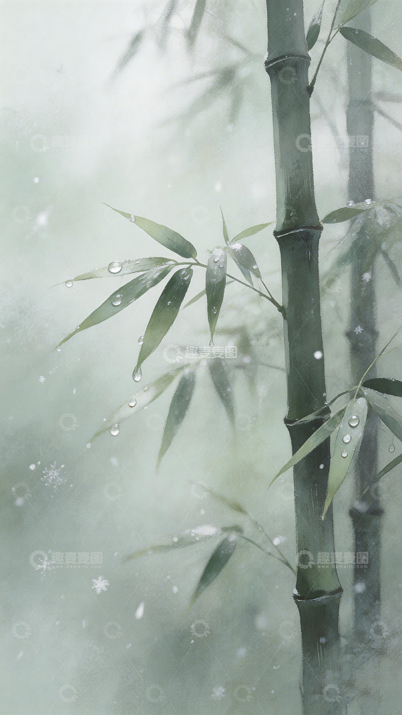 高清大图下载【趣麦麦图】竹雨飘雪水墨画